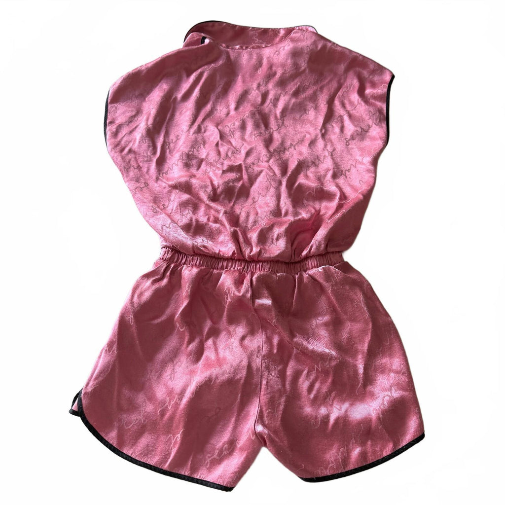 Victoria's Secret Satin Logo Printed Pajama Romper Sz S Pink Belted