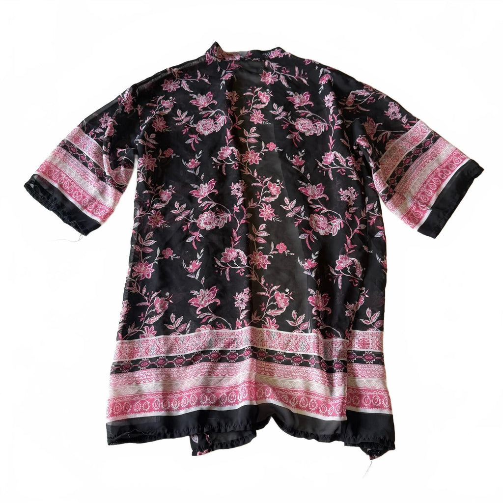 Knitworks Women's Bohemian Black and Pink Floral Sheer Kimono Cardigan Size 12