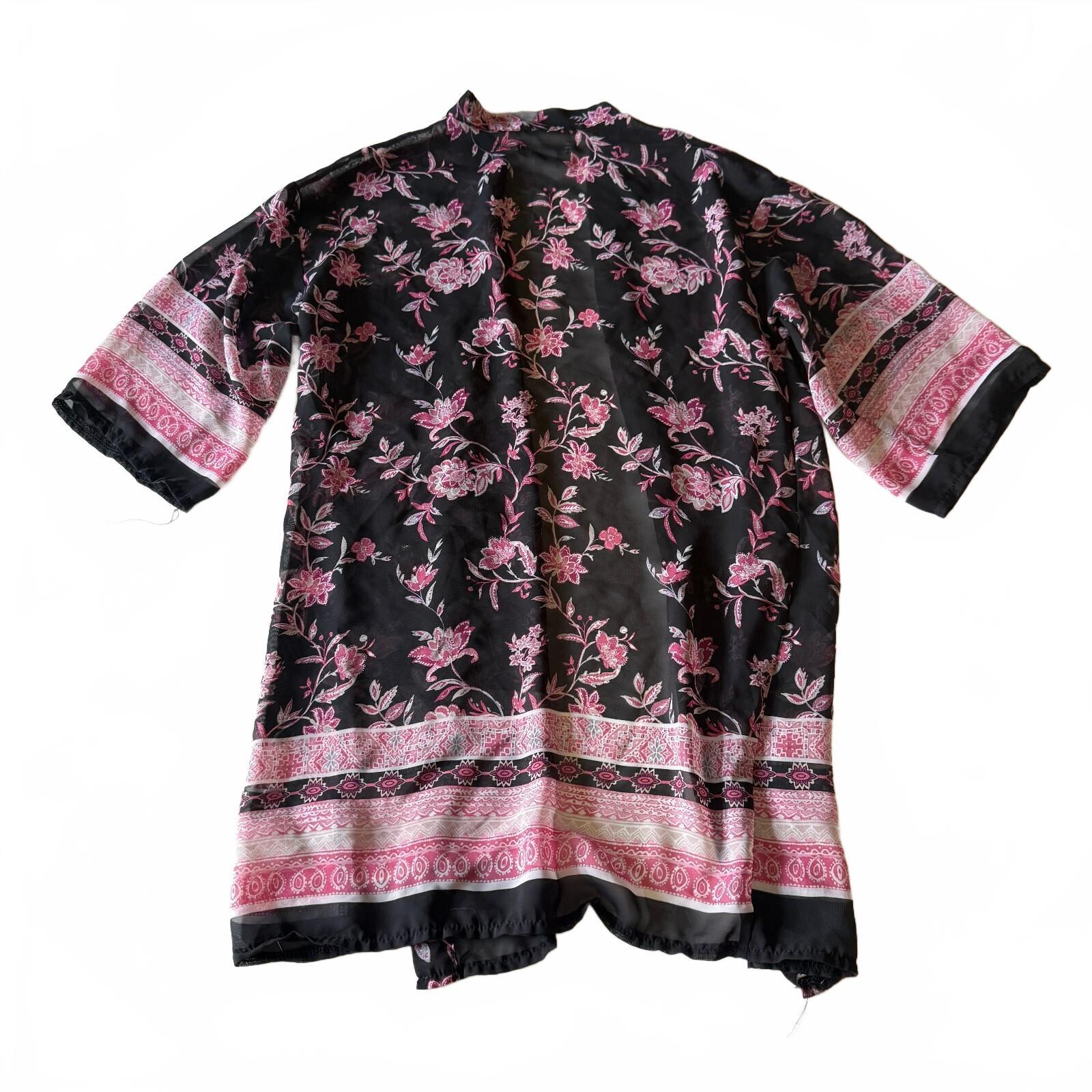 Knitworks Women's Bohemian Black and Pink Floral Sheer Kimono Cardigan Size 12
