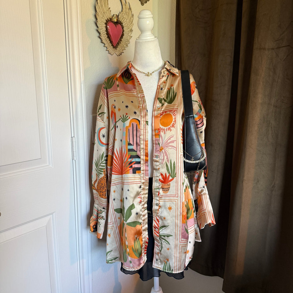 House of Harlow 1960 Women's Medium Button-Up Shirt Dress with Colorful Tropical