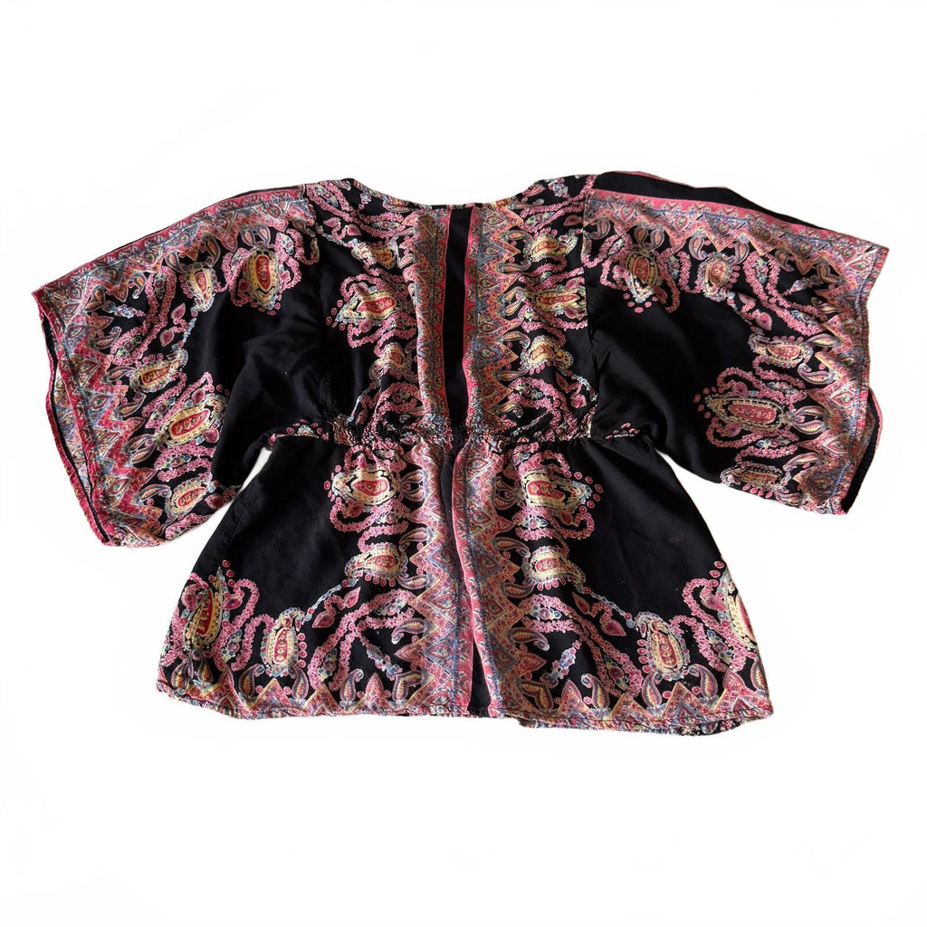Lola P Black Paisley Print Kimono Butterfly Sleeve Boho Fairycore Whimsical Sz M