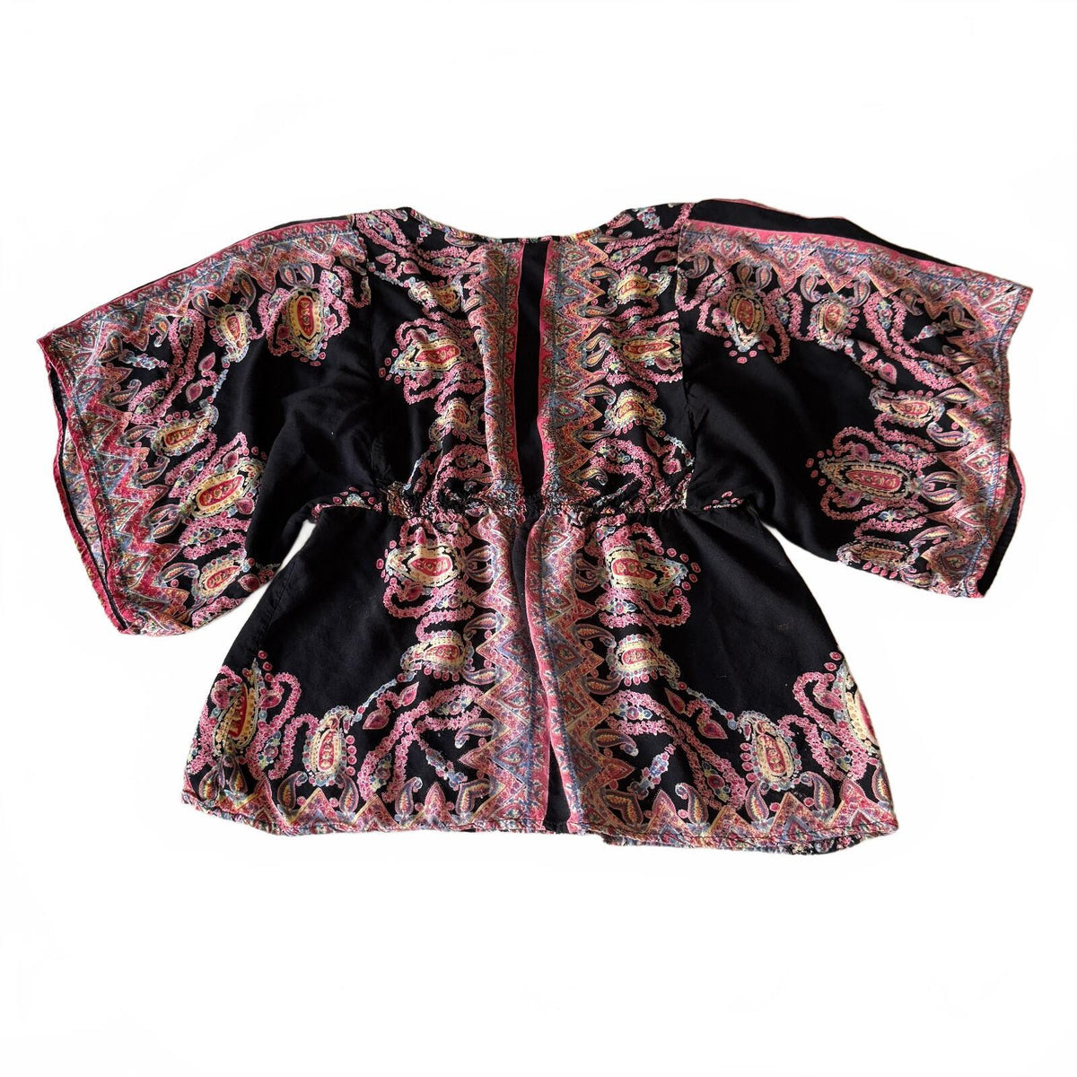 Lola P Black Paisley Print Kimono Butterfly Sleeve Boho Fairycore Whimsical Sz M