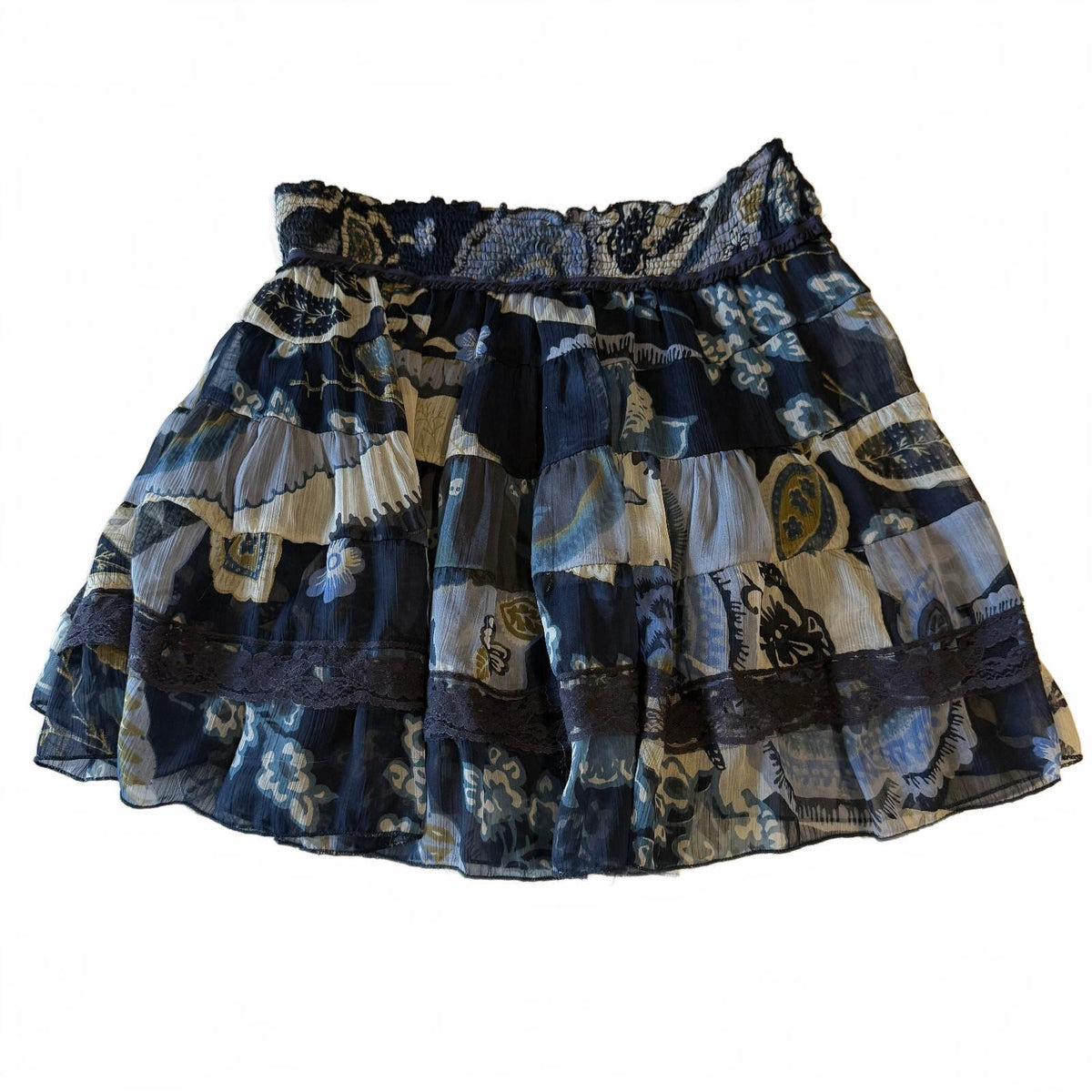 Magazine Blue Paisley Floral Tiered Mini Skirt Lace Trim Boho Scandi Style Sz S