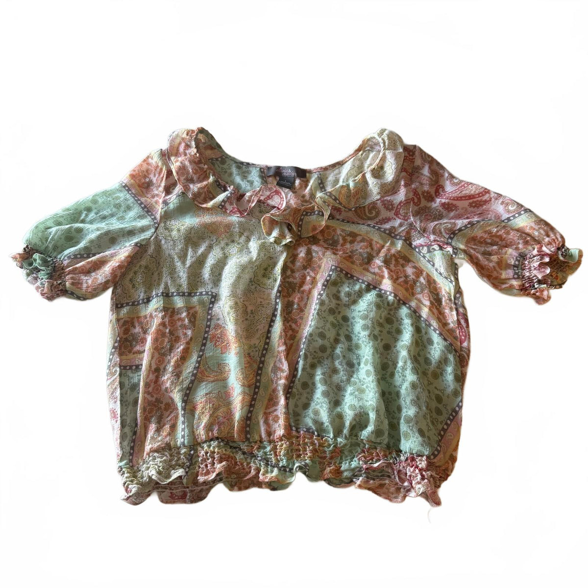 Olivia & Martin Patchwork Boho Paisley Ruffle Blouse Cottagecore Fairycore Top