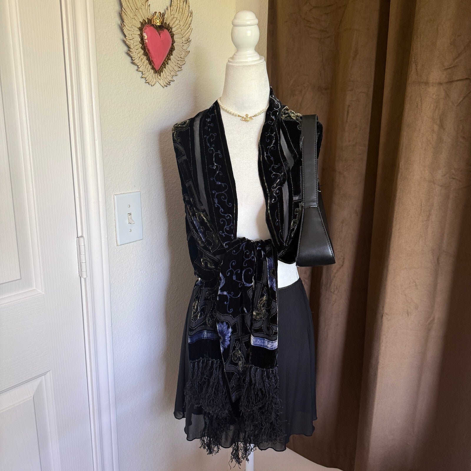 Vintage Black Velvet and Sheer Overlay Scarf with Ornate Pattern Fringe Detail