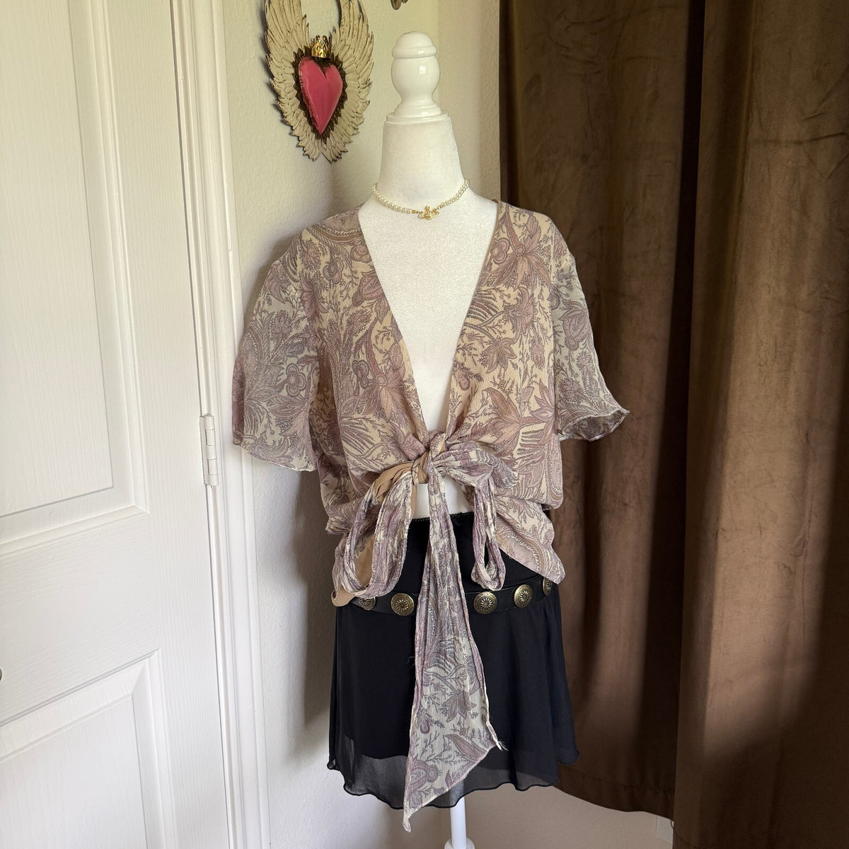 Vtg Dana Buchman Silk Paisley Tie-Front Silk Floral Blouse Cottagecore Y2K Sz 14