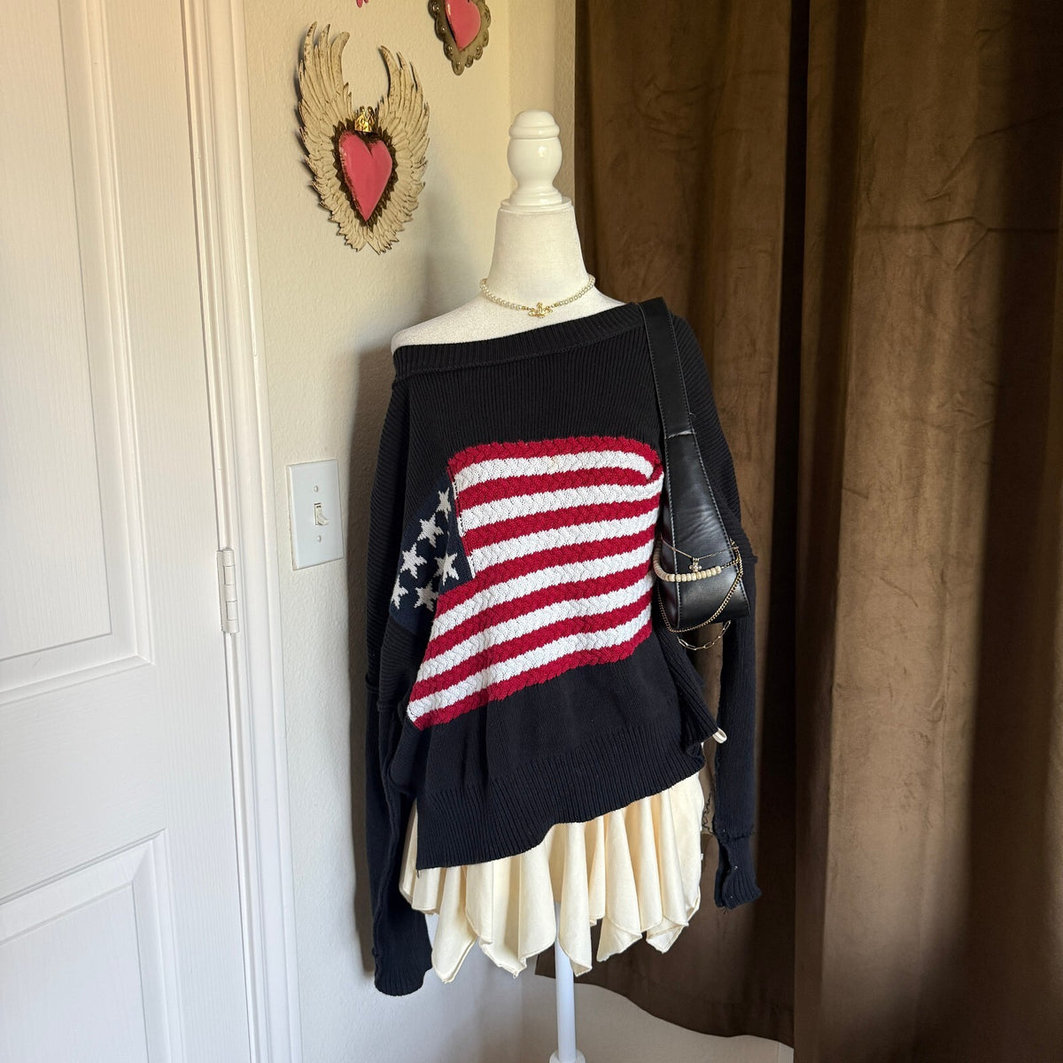 Miracle Black American Flag Knit Sweater Slouchy Cozy Sz S/M Americana Preppy