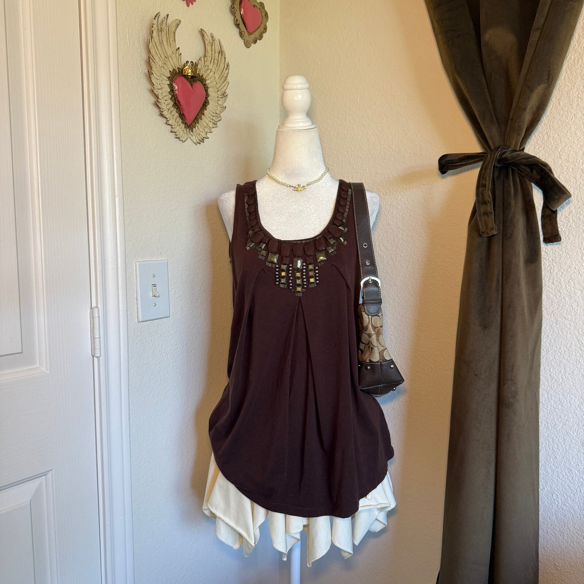 Anne Klein Mermaid Coquette Y2K Sleeveless Beaded Tank Top Cotton Blend
