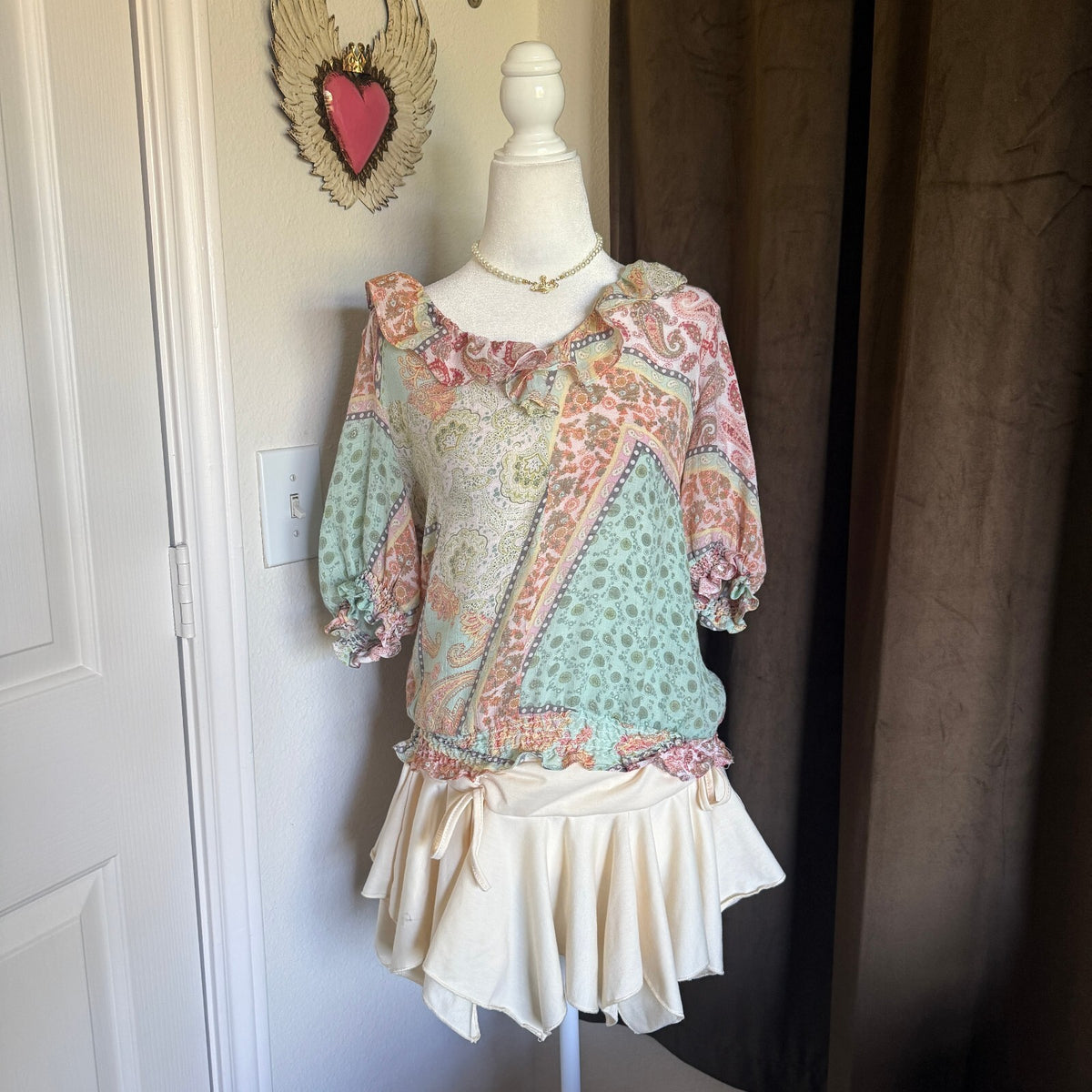 Olivia & Martin Patchwork Boho Paisley Ruffle Blouse Cottagecore Fairycore Top