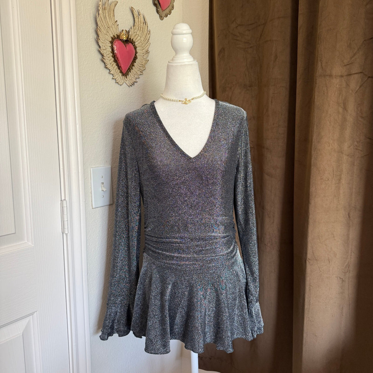 Boho Chic Sparkly Bell Sleeve Silver Mini Dress Gaharu Women's Sz Large