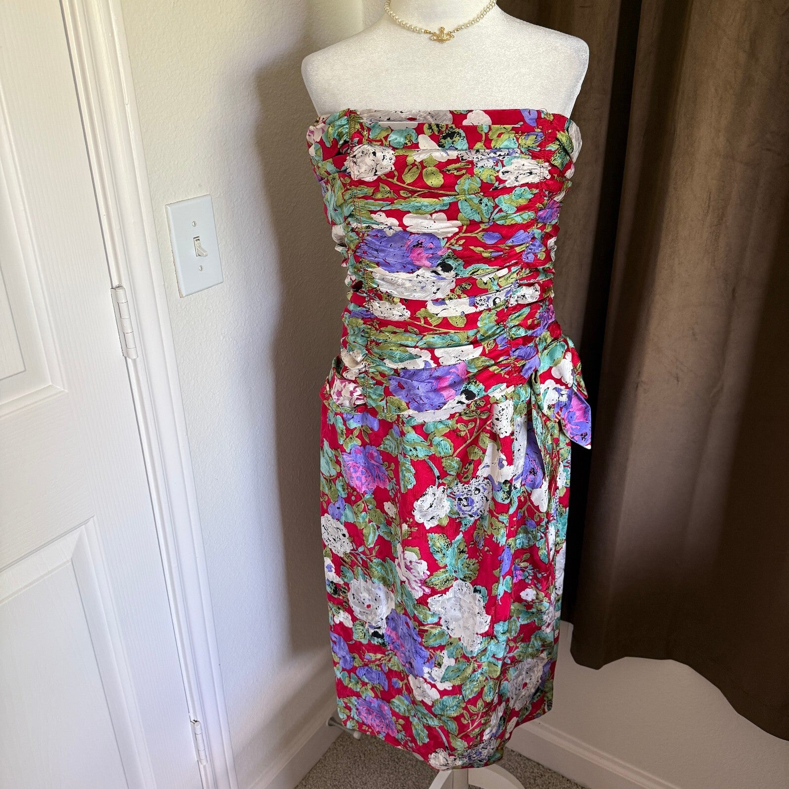 Vintage Silk Party Dress Strapless Frock 1980s Maddy London Red White Purple