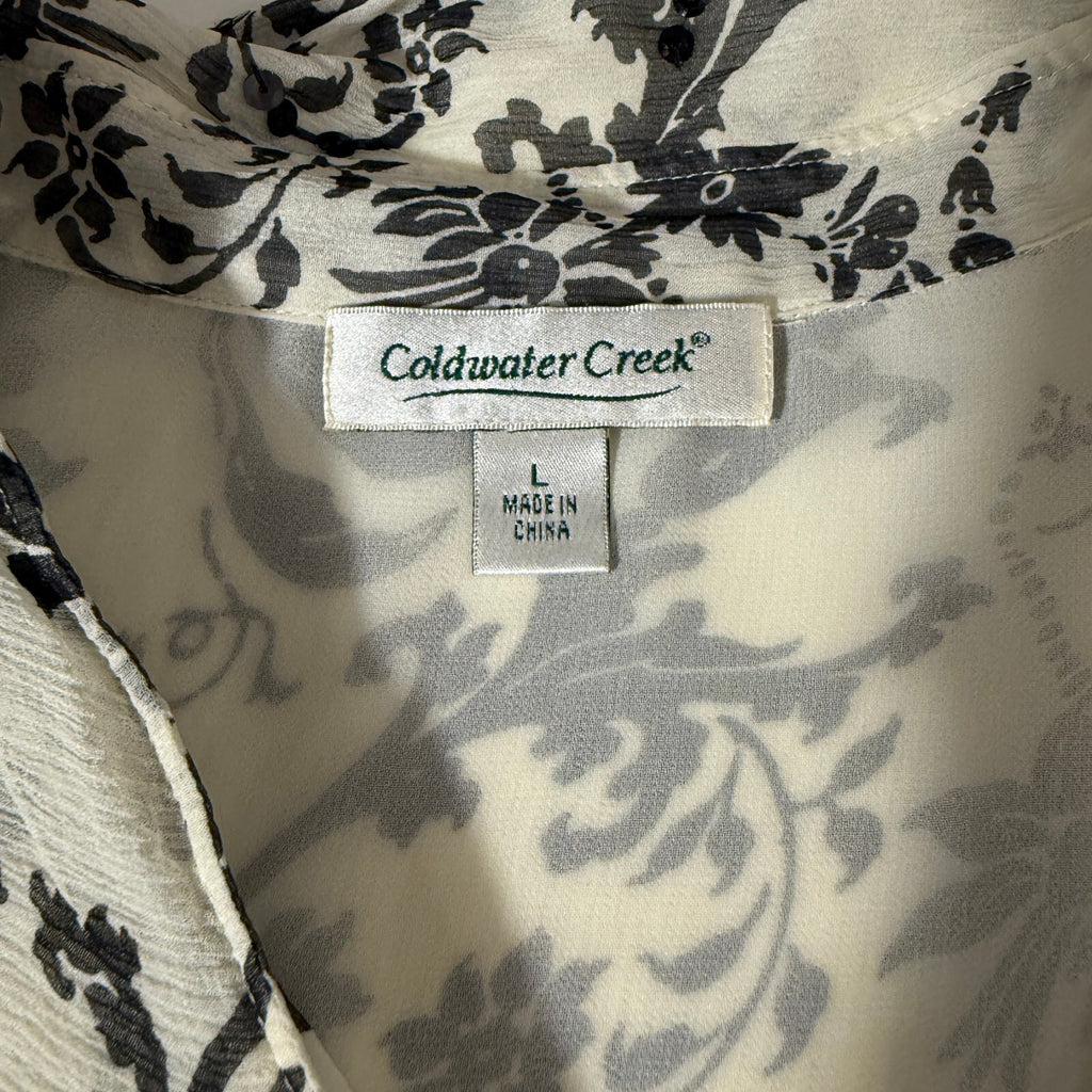 Coldwater Creek Black and White Silk Blend Plisse Romantic Frilly Button-Up Sz L
