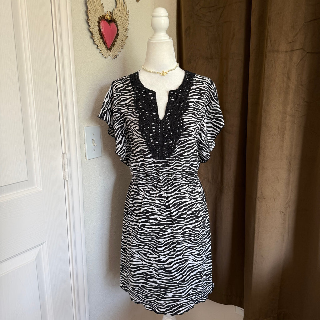 Y2K Inspired Derek Heart Zebra Mini Dress Butterfly Sleeve Elastic Waistband M