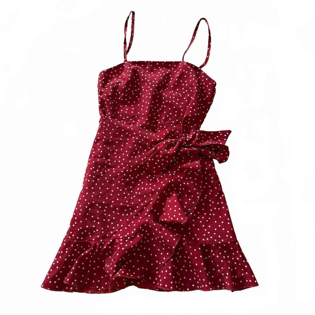 Princess Polly Red Polka Dot Frilly Ruffled Hem Wrap Detail Mini Dress Size 8