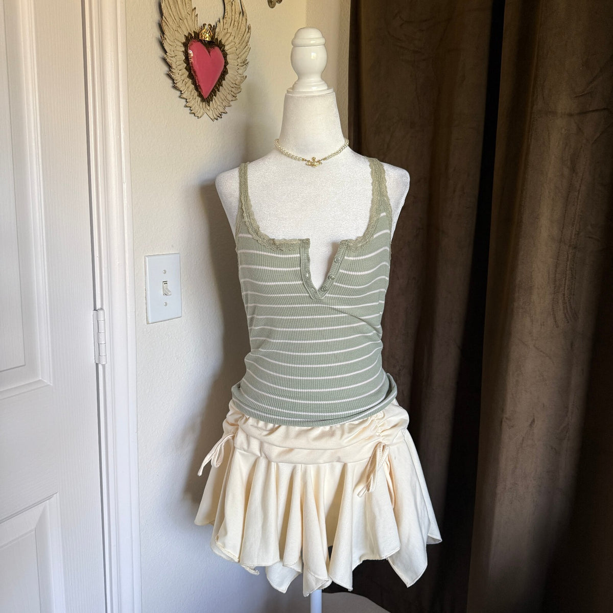 Bella Swan Sage Green Striped Ribbed Knit Henley Style Cami Cottagecore Lace