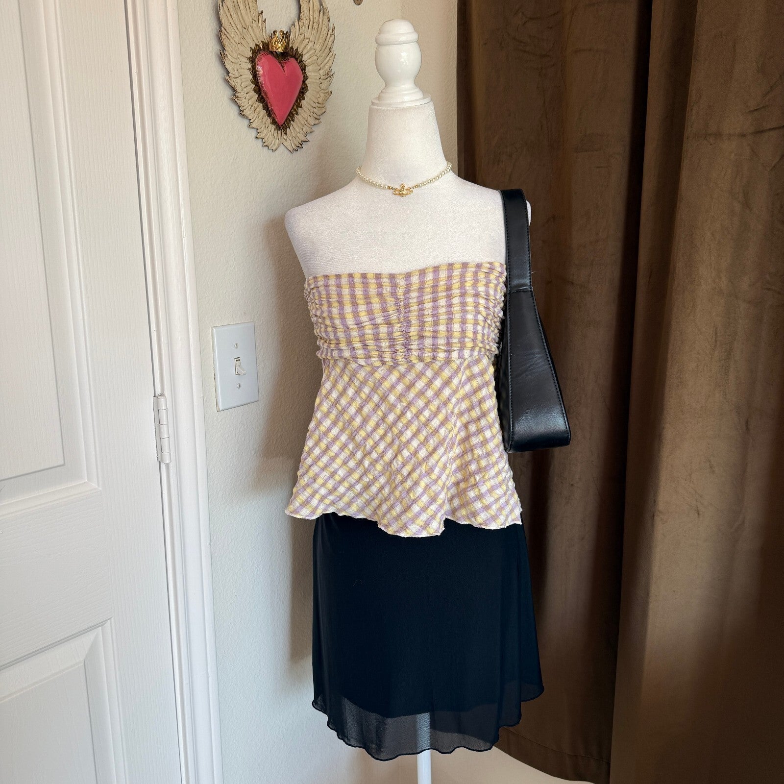 Forever 21 Smocked Strapless Plaid Crop Top in Yellow and Purple, Size Small