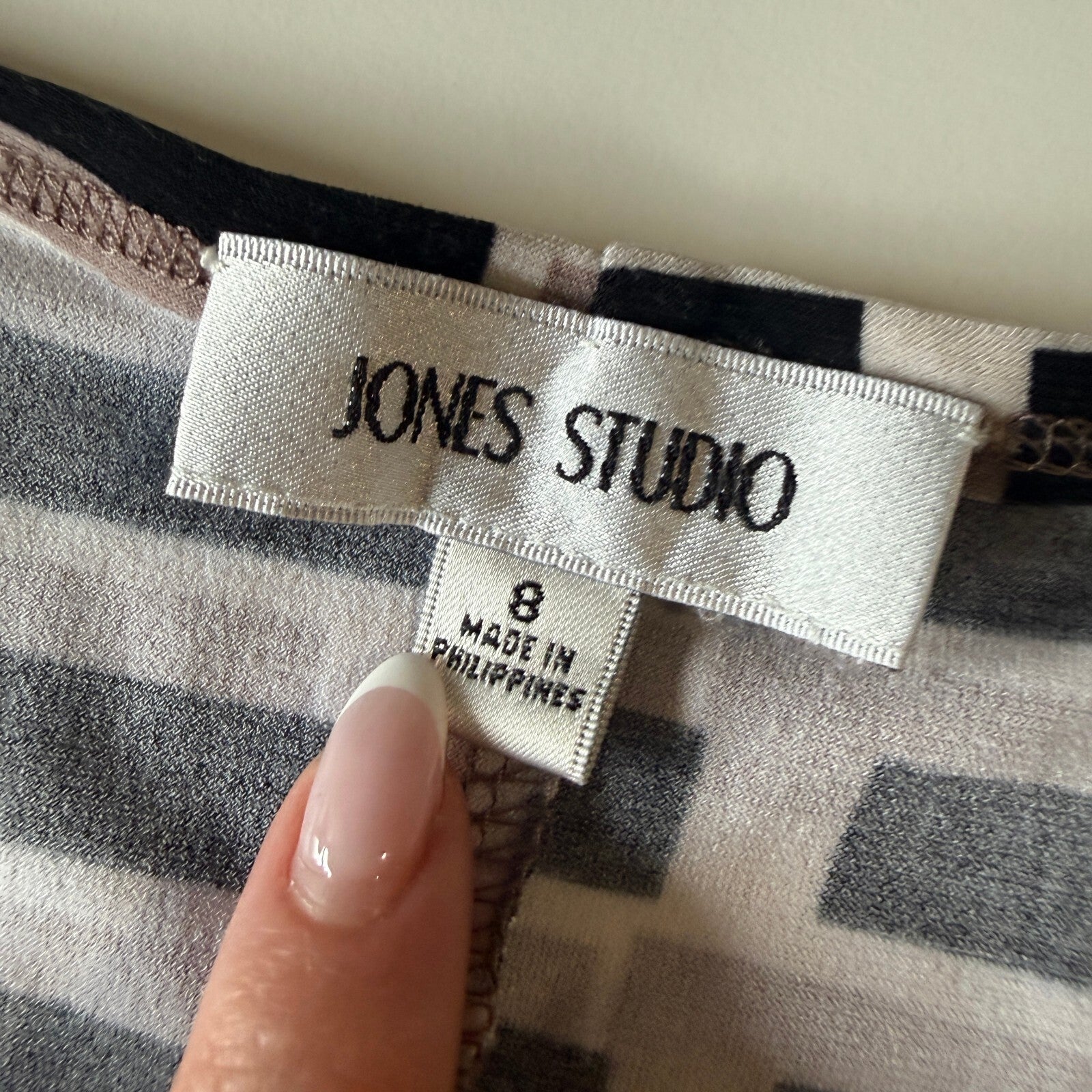 Jones Studio Women's Geometric Print Wrap Dress, Size 8, Black and Beige, V-Neck