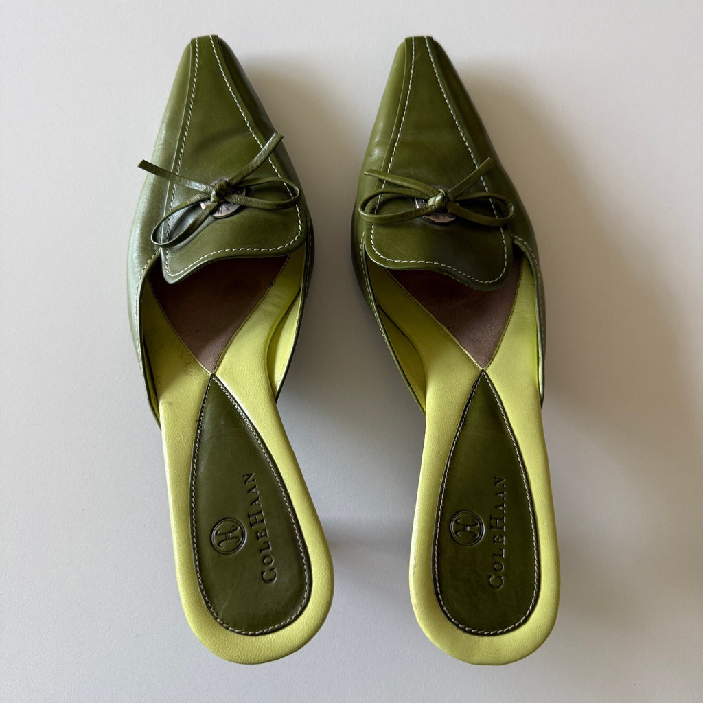 Cole Haan Women's Green Leather Pointed Toe Slip-On Kitten Heels with Bow Detail