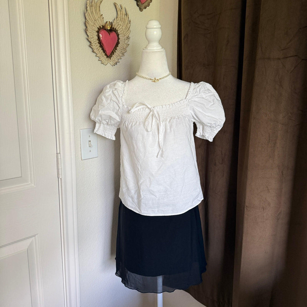 H&M White Cotton Poplin Puff Sleeve Cottagecore Smocked Blouse Women's XS