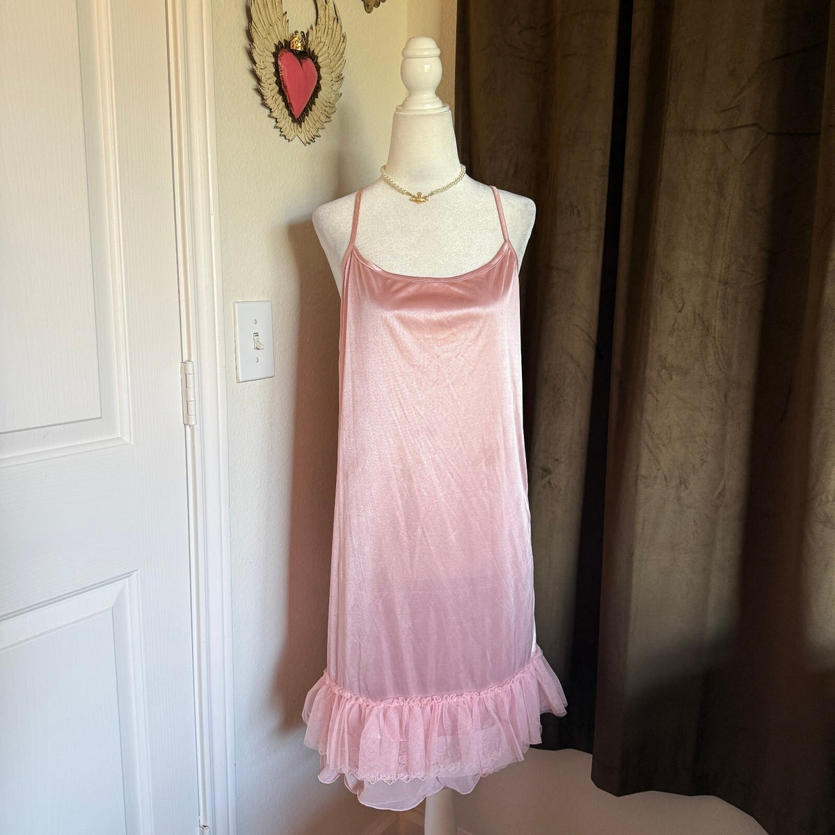 Melody Ballerina Pink Coquette Girly Satin Slip Dress with Ruffled Hem Sz Large
