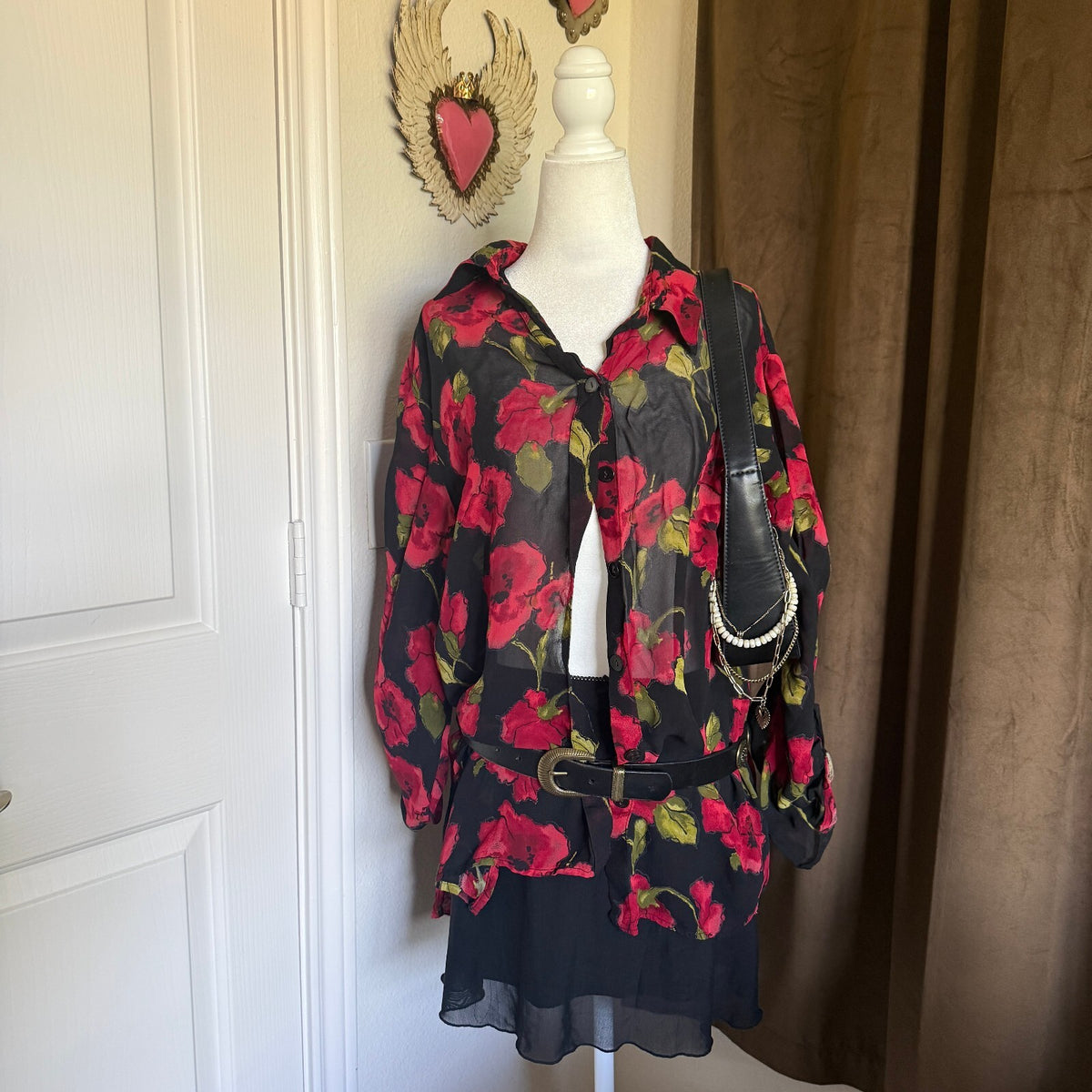 Vintage Chico's Red Floral Whimsical Sheer Button-Up Fall Layering Cottagecore