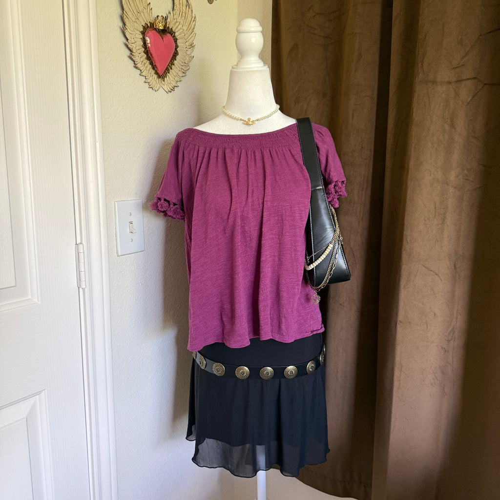 Neiman Marcus Purple Pom-Pom Detail Smocked Fringe Sleeve Boho Festival Blouse