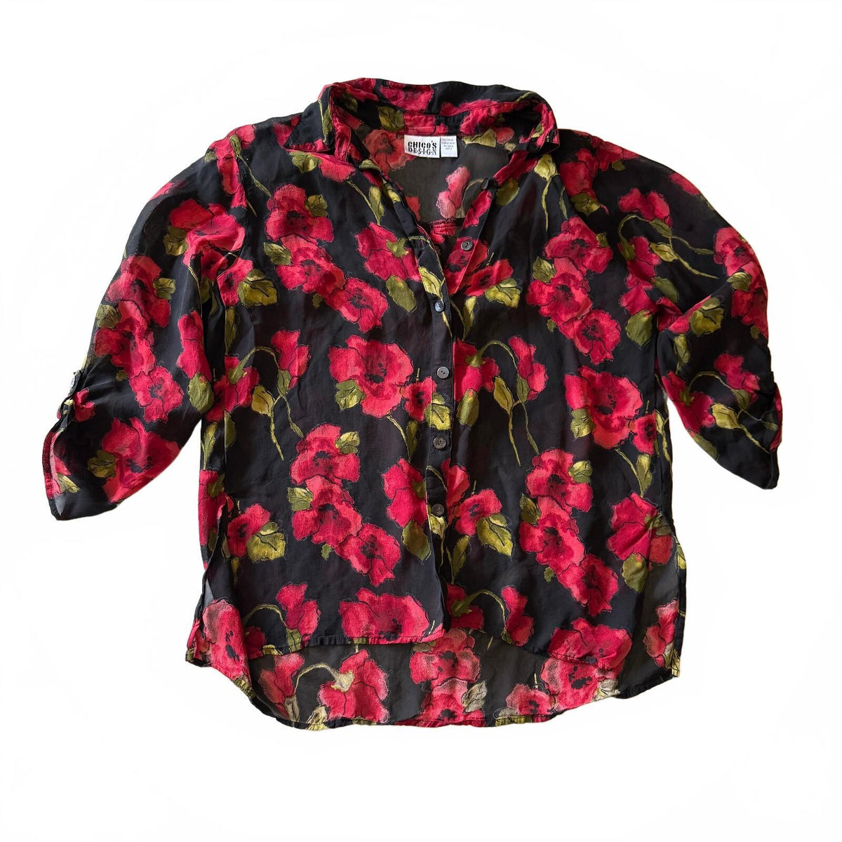 Vintage Chico's Red Floral Whimsical Sheer Button-Up Fall Layering Cottagecore