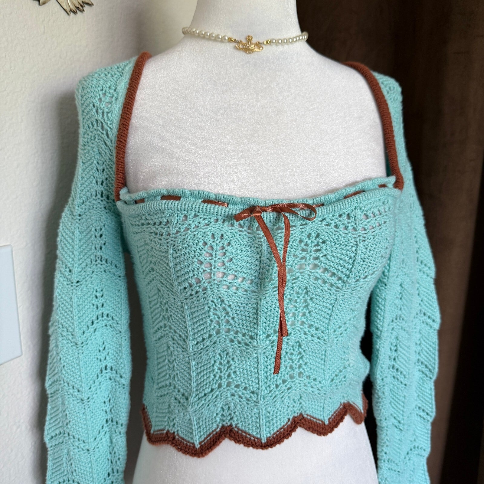 Urban Outfitters Women's Mint Green Crochet Knit Sweater with Brown Trim, Size S
