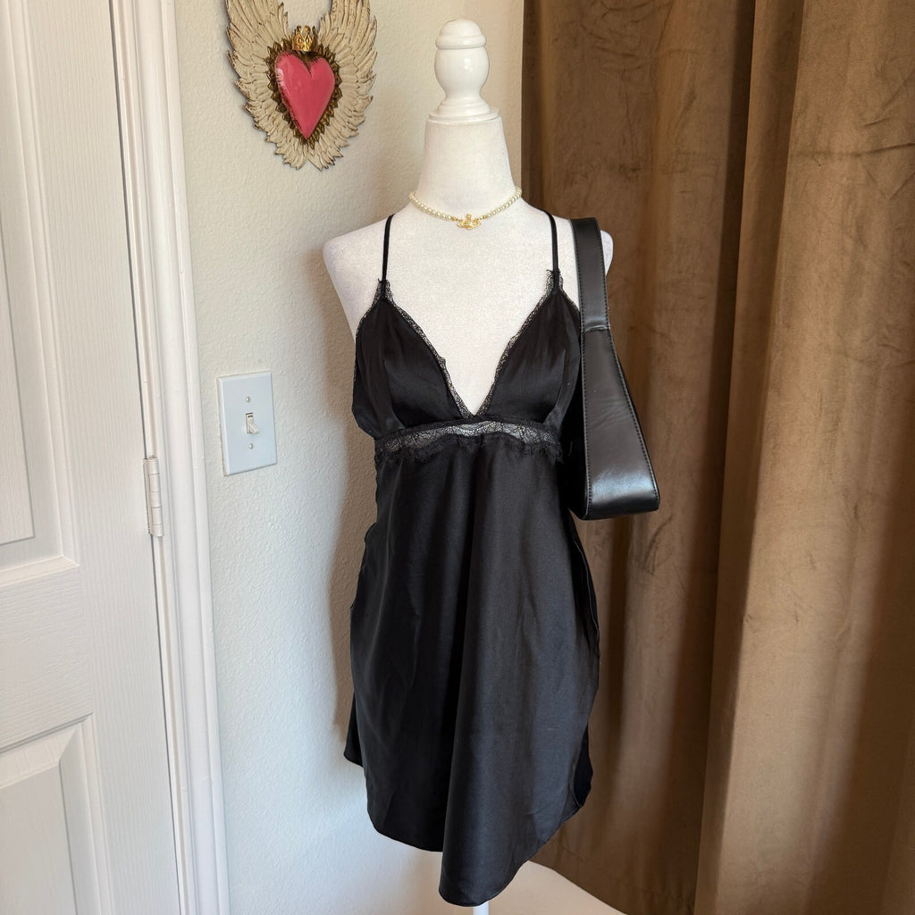 Victoria's Secret Black Satin Slip Dress with Lace Trim, Size Medium