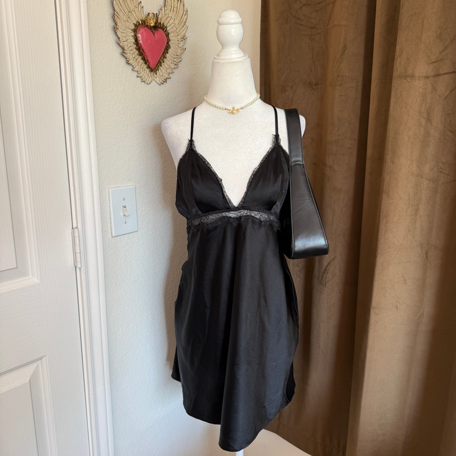 Victoria's Secret Black Satin Slip Dress with Lace Trim, Size Medium