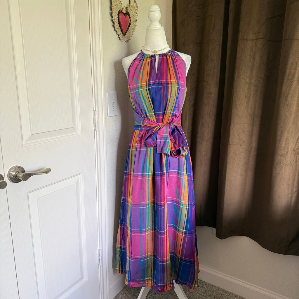 Ann Taylor Madras Rainbow Plaid Belted Halter Dress Women's Size 2, Brand NWT