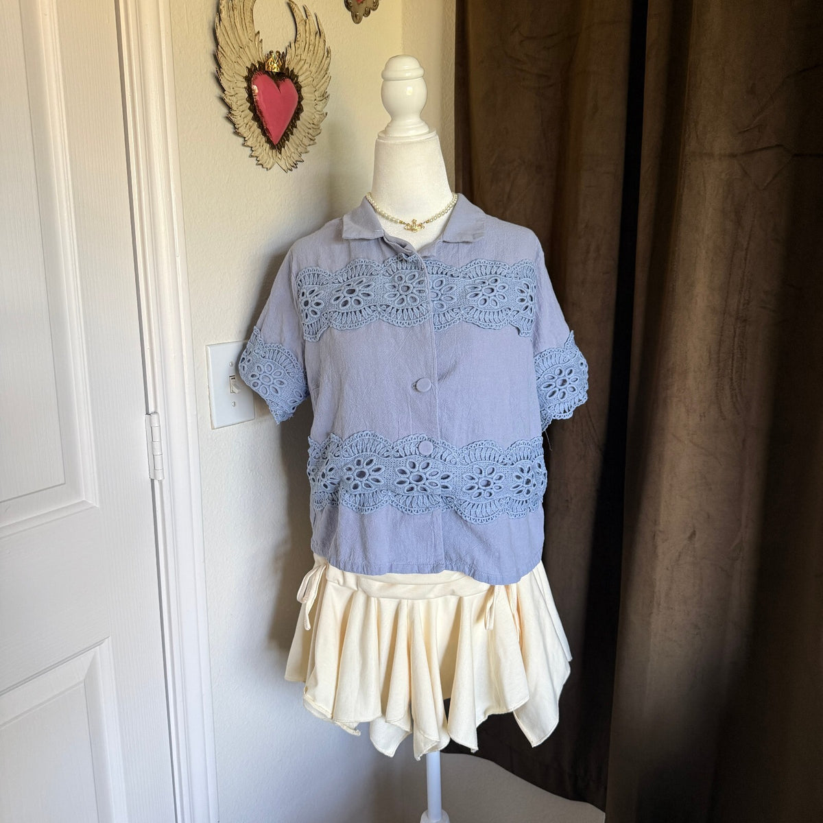 Velvet Fleur Sz XL Periwinkle Crochet Lace Trim Collared Blouse Cottagecore
