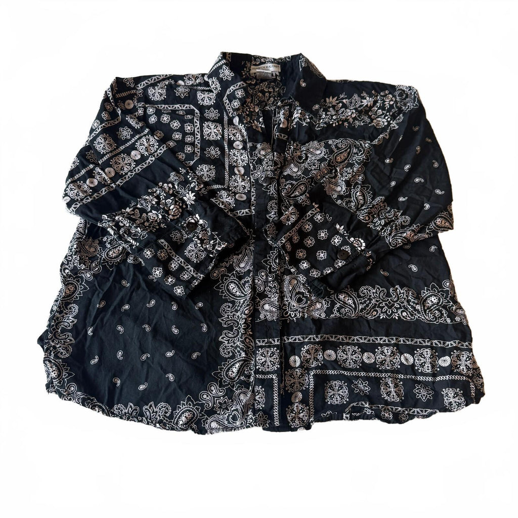 Rebecca Malone Petite Black and White Bandana Print Cotton Button-Up Shirt Sz XL