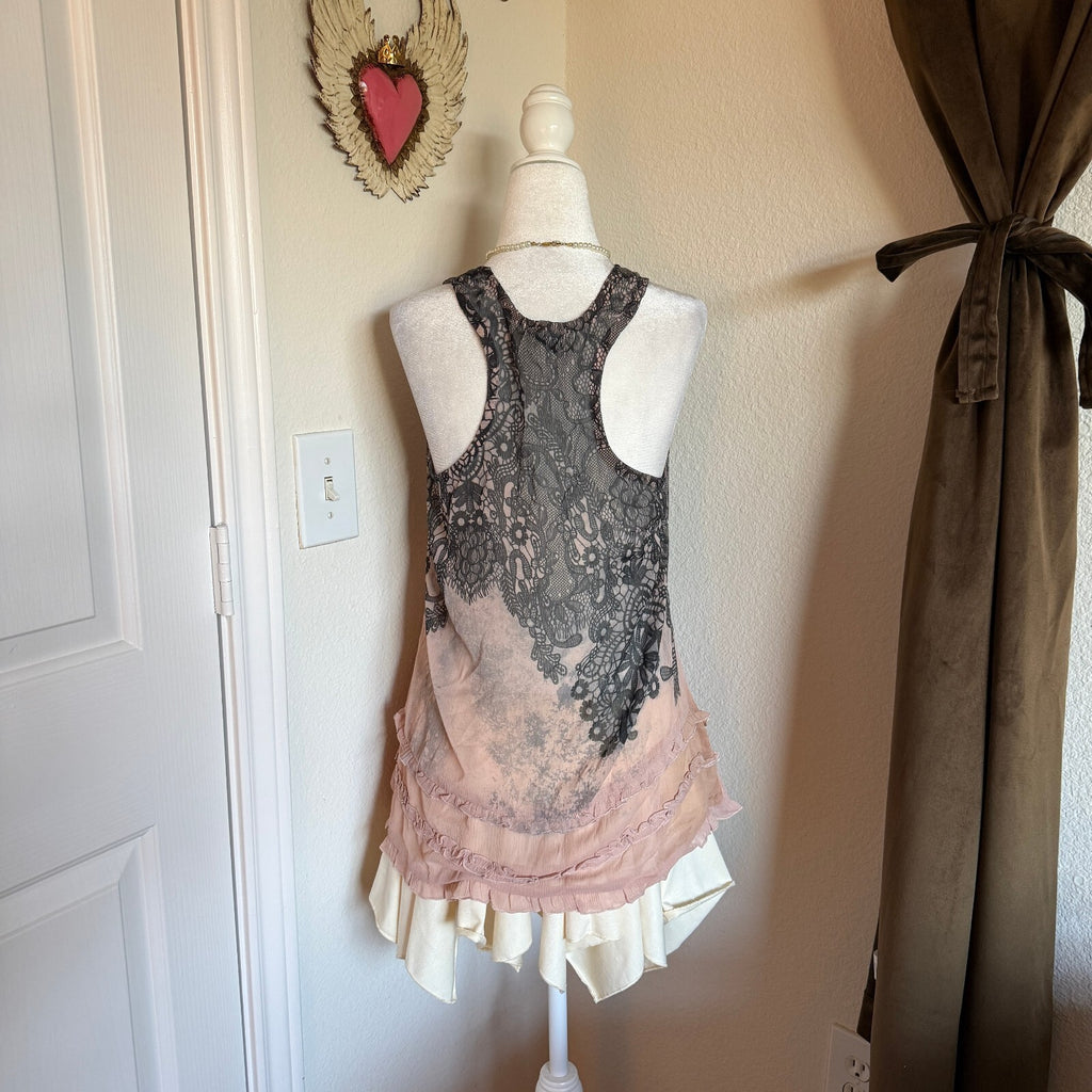 Y2K F.A.N.G. Lace Ruffled Hem Sheer Racerback Tank Top Coquette Girly Frilly Lg