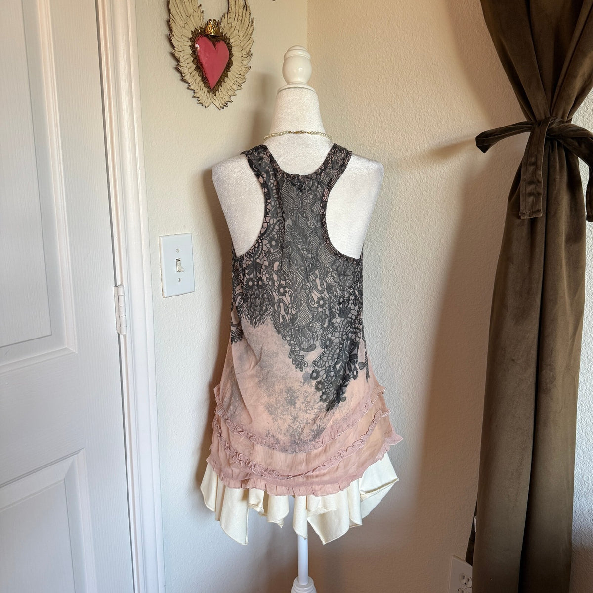 Y2K F.A.N.G. Lace Ruffled Hem Sheer Racerback Tank Top Coquette Girly Frilly Lg