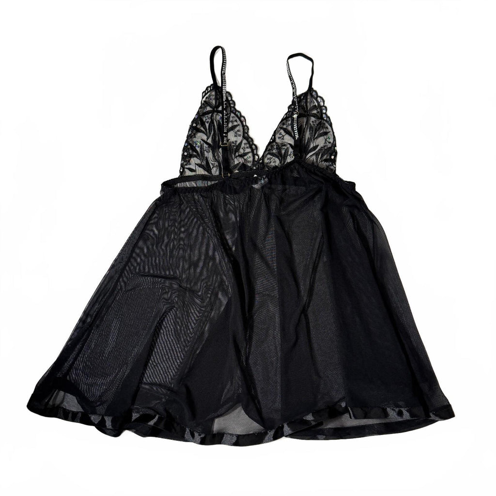 Y2K Mesh Babydoll Sheer Sparkly Bling Chemise Lingerie Slip Dress Sequin Detail