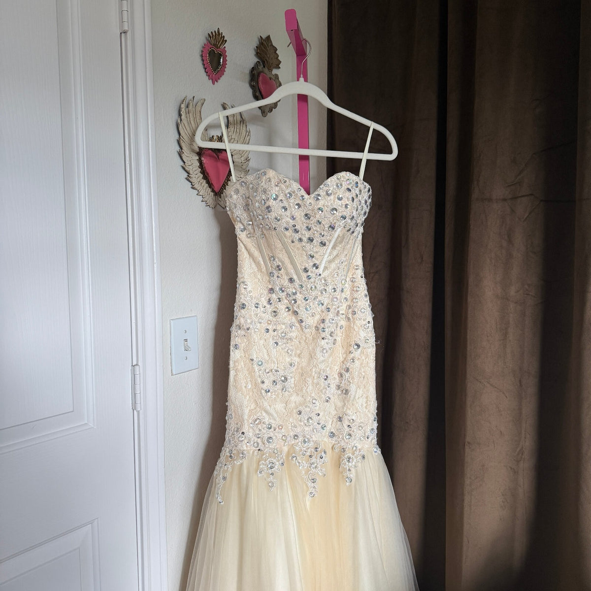 Ivory Lace Crystal Beaded Mermaid Wedding Dress Corset Back High Low Sz Small