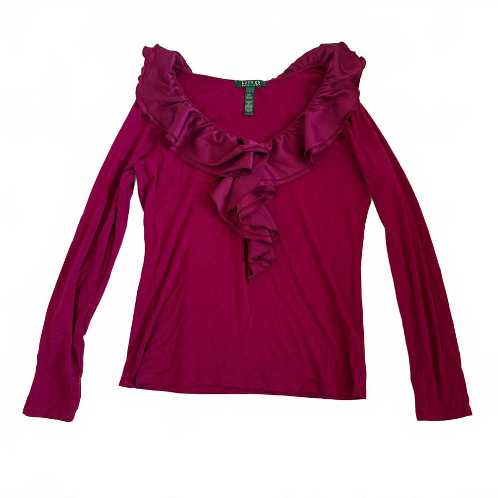 Lauren Ralph Lauren Women's Large Long Sleeve Ruffle Neck Top in Mauve