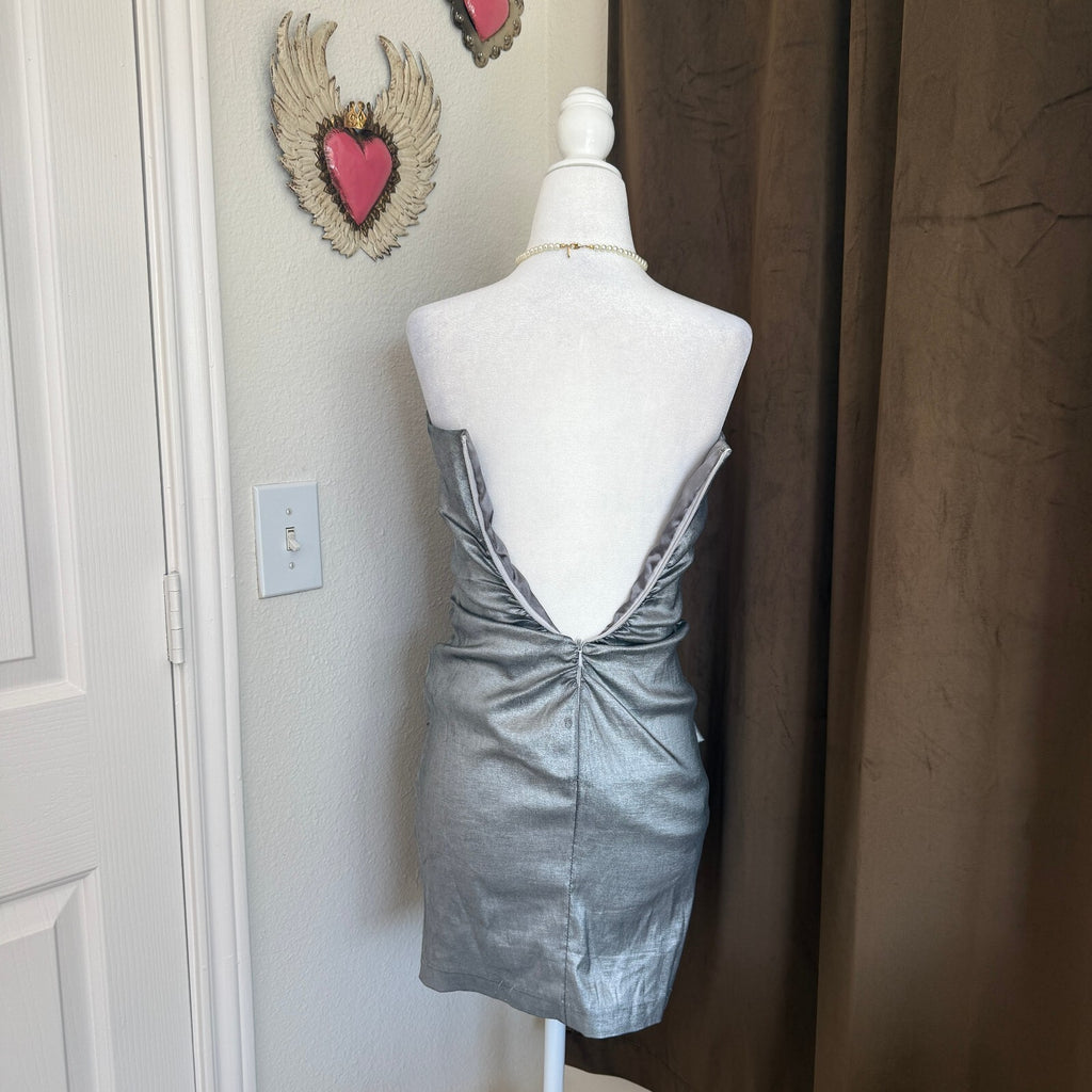 Y2K Jessica McClintock Silver Strapless Mini Dress with Floral Applique Size XS