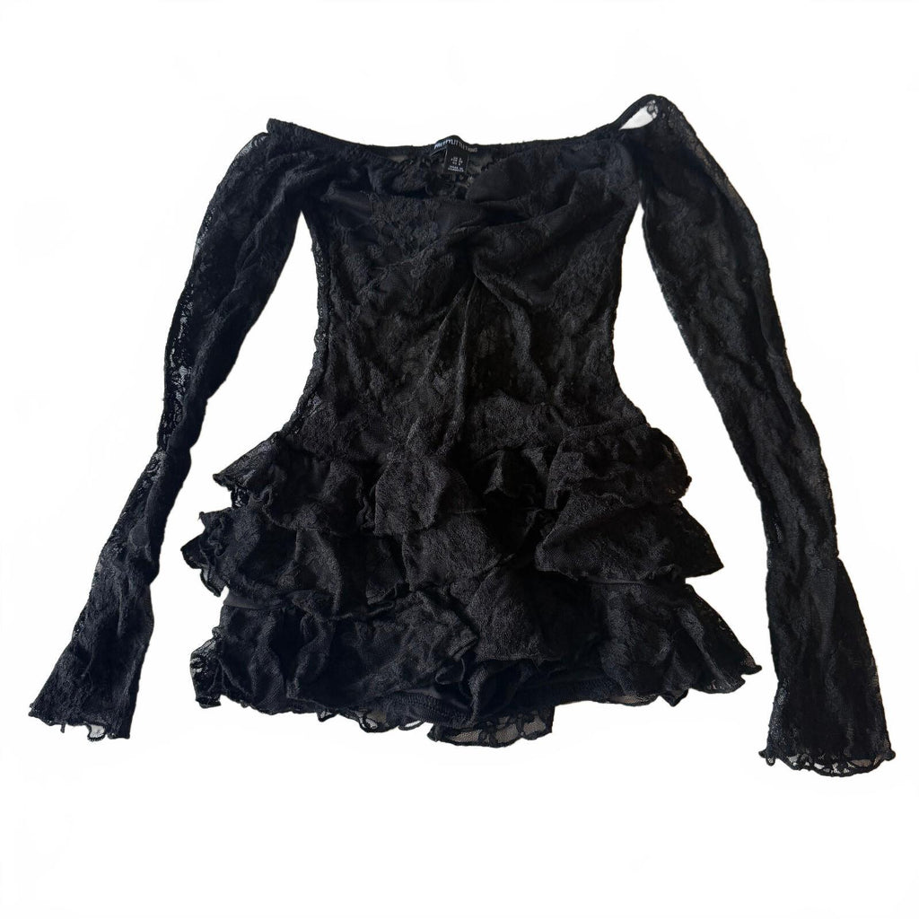 Pretty Little Thing Black Lace Bardot Long Sleeve Skort Playsuit Women's Sz 4