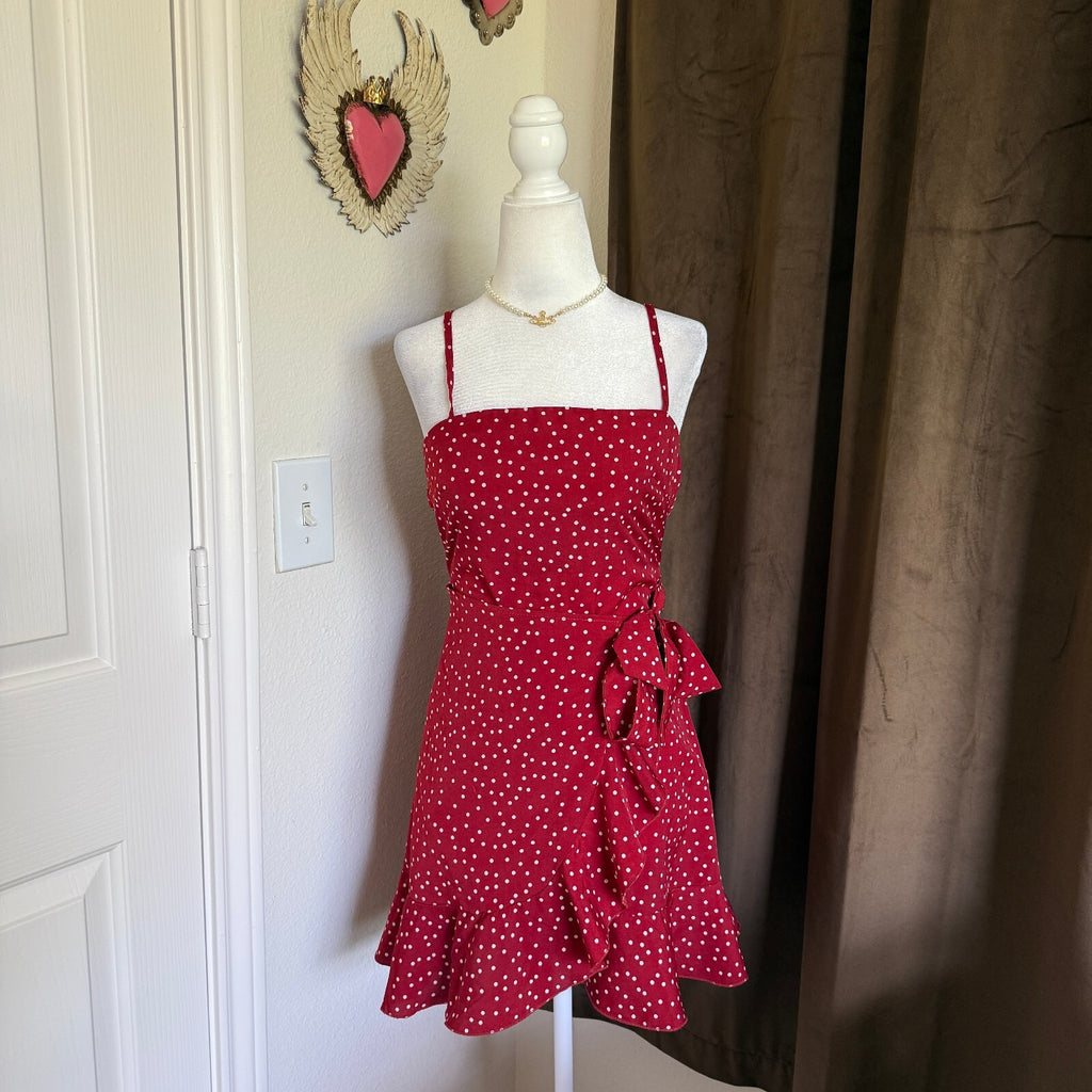 Princess Polly Red Polka Dot Frilly Ruffled Hem Wrap Detail Mini Dress Size 8