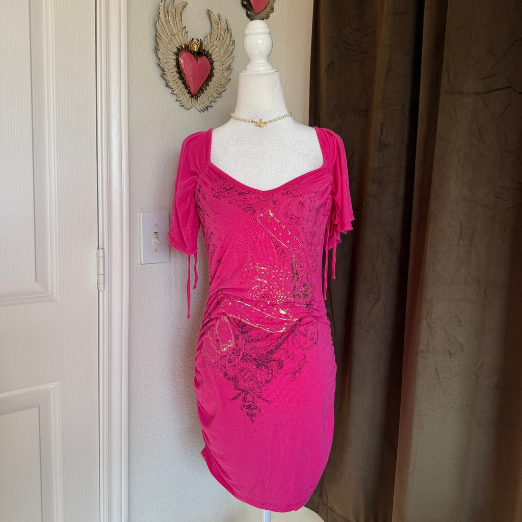 Y2K Southpole Women's Bodycon Pink Short Sleeve Ruched Dress Size M