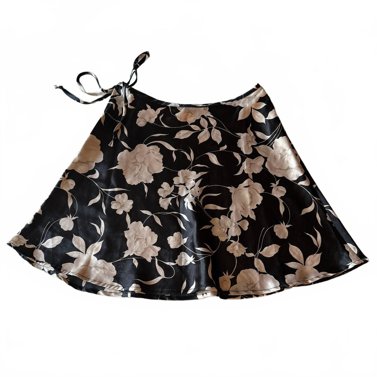 Vtg Jonathan Martin Black Floral Satin Mini Wrap Skirt Sz M Coquette Balletcore