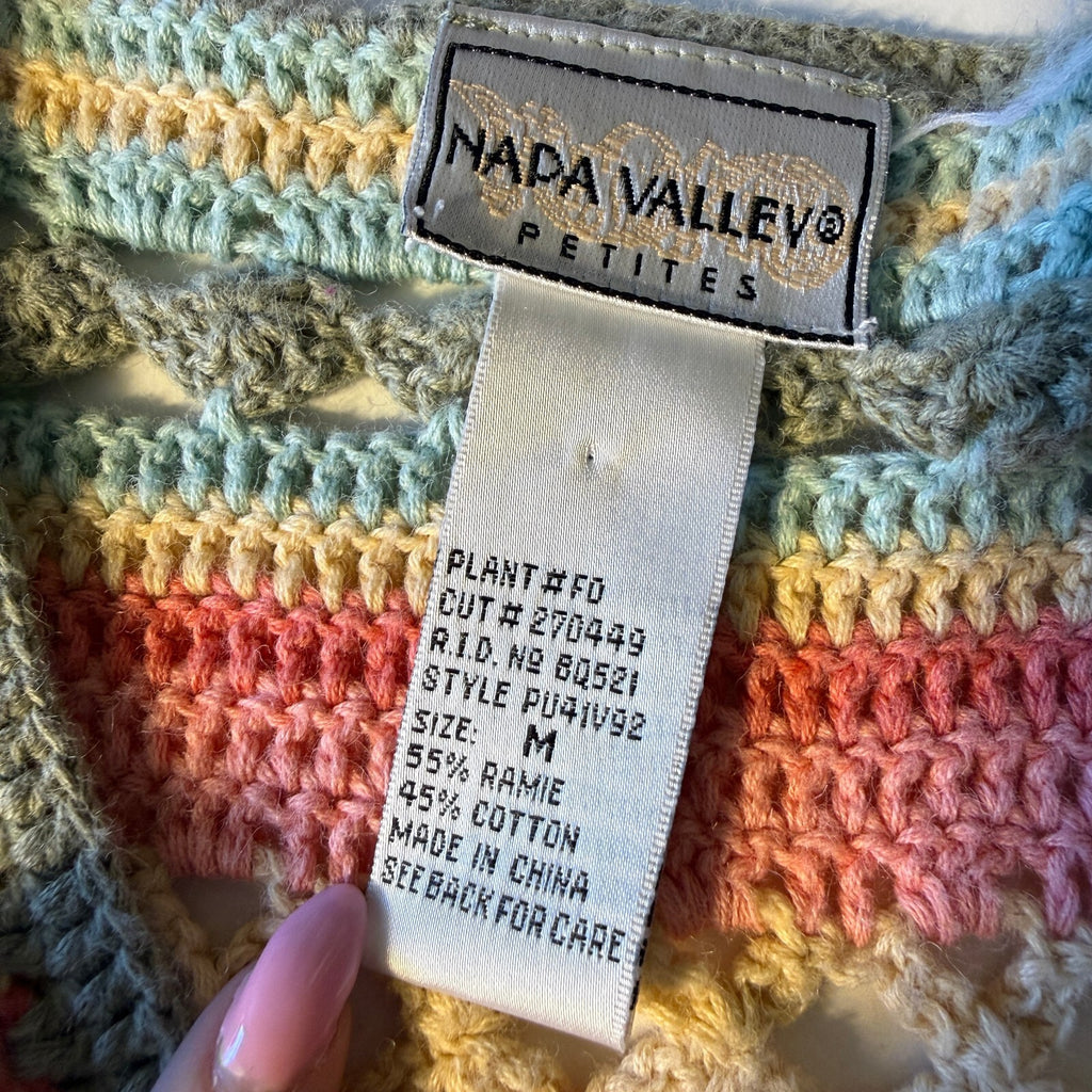 Vintage Napa Valley Pastel Fisherman Cozy Fall Striped Crochet Cardigan Boho M