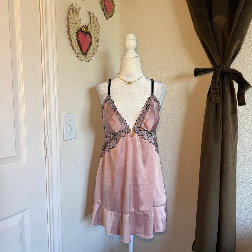 Auden Pink Babydoll Satin Lace Chemise Mini Slip Dress Black Lace Coquette Sz M