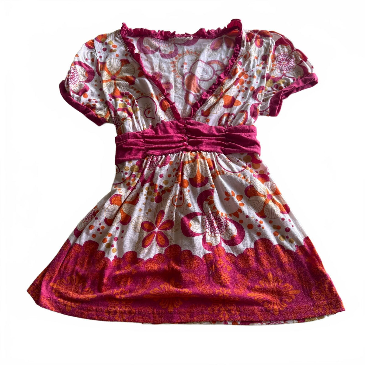 Pink Orange Floral Babydoll Top Boho 70s Vintage Tie Waist Ruffle Y2K Size XL