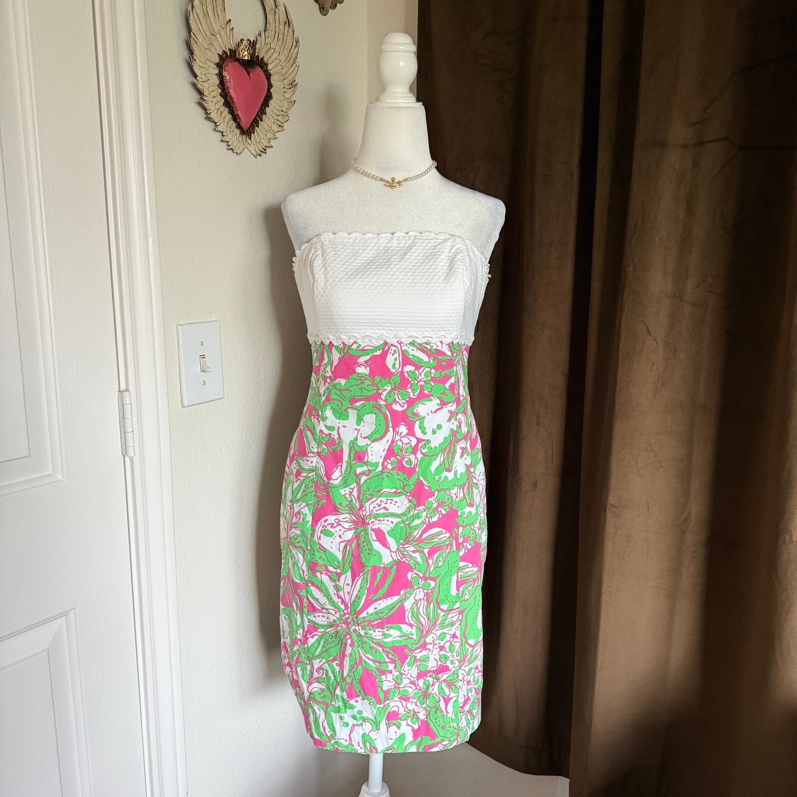 Lilly Pulitzer Women's Size 4 Strapless Cotton Dress with Pink and Green Floral