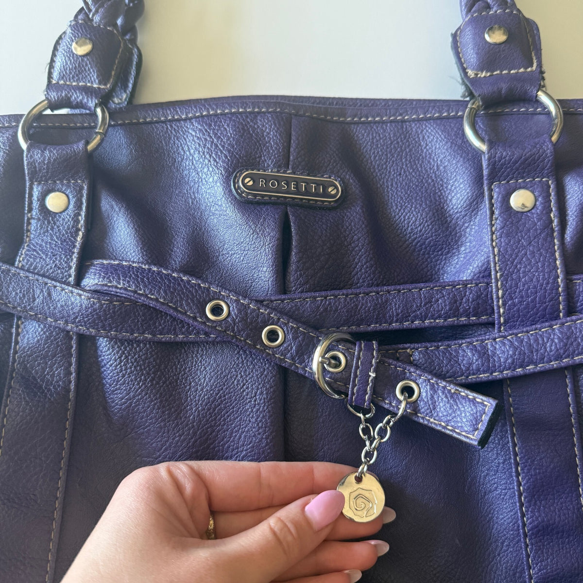 Rosetti Purple Faux Leather Satchel Tote Braided Handle Boho Y2K Purse