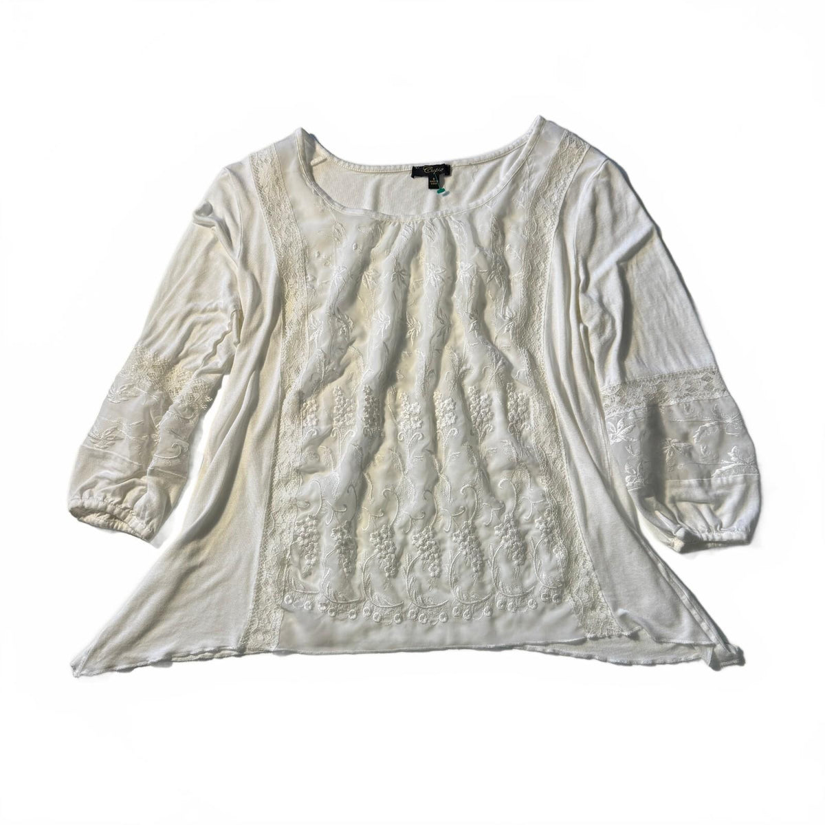 Cupio White Embroidered Lace Peasant Top Sheer Bohemian Cottagecore Sz Small