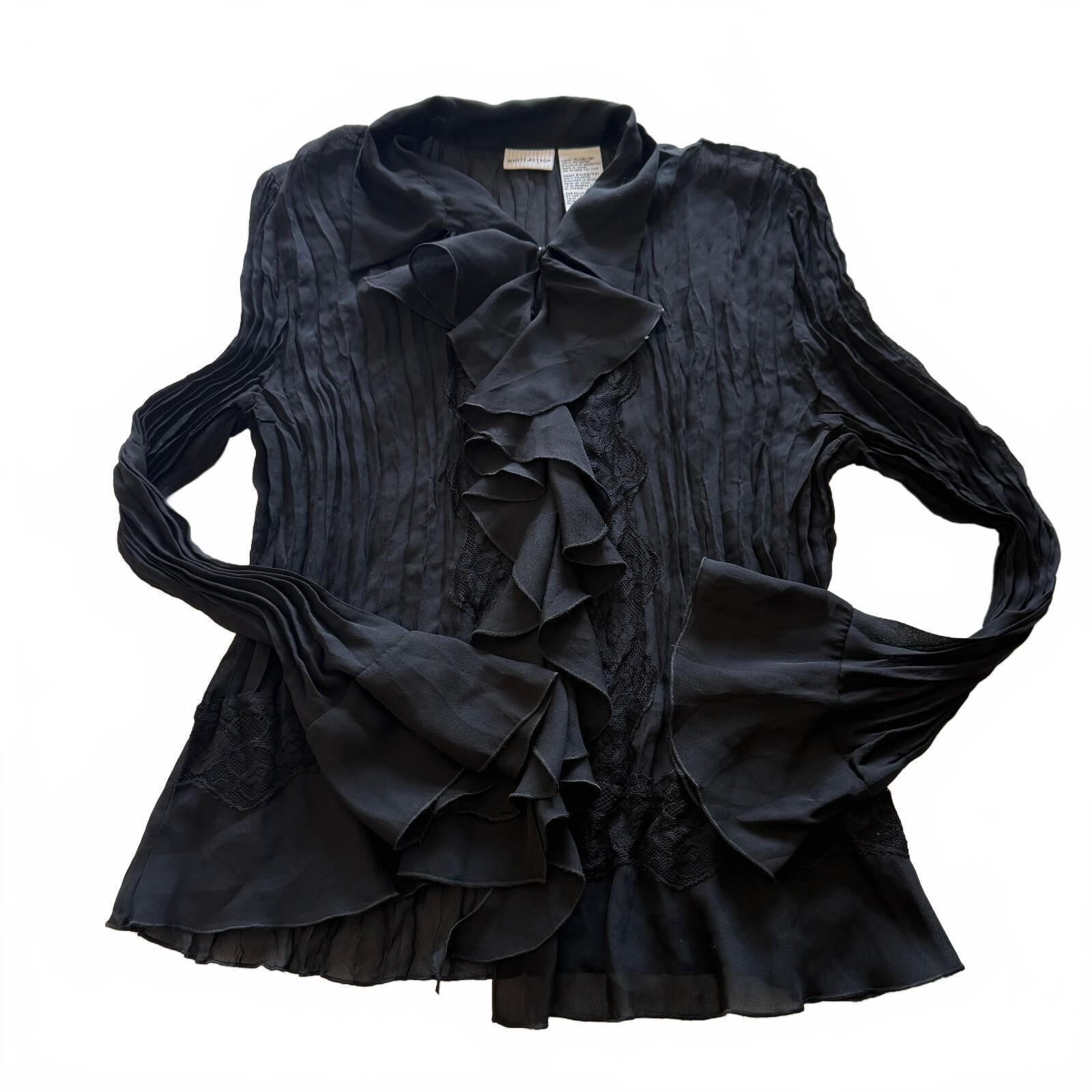 White Stag Women's Black Ruffled Front Blouse Size XL 100% Polyester Pleated